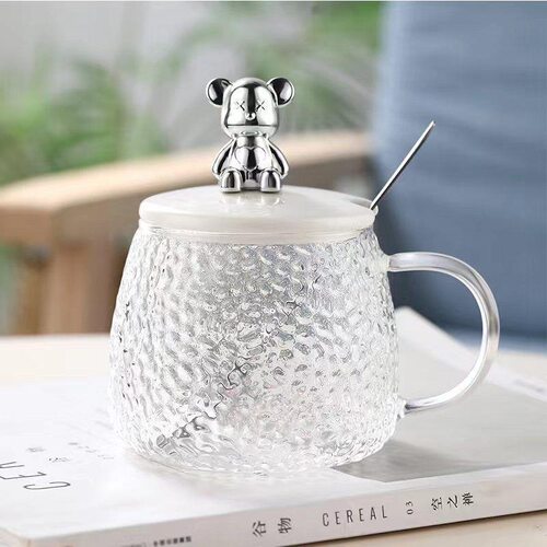 玻璃小熊杯高颜值水杯家用喝水杯子牛奶杯带盖勺办公室早餐燕麦杯