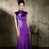 新中式 中国风复古醋酸段重工刺绣A摆礼服裙妈妈装