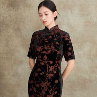 妈妈复古中国风旗袍 新中式烂花绒肌理 立领高雅清贵款