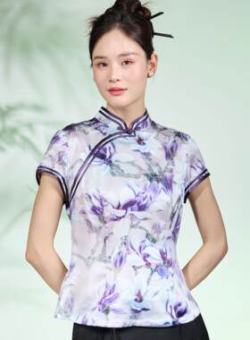格格-中国风复古桑蚕丝真丝印花立领半袖衬衫薄款修身新中式国风