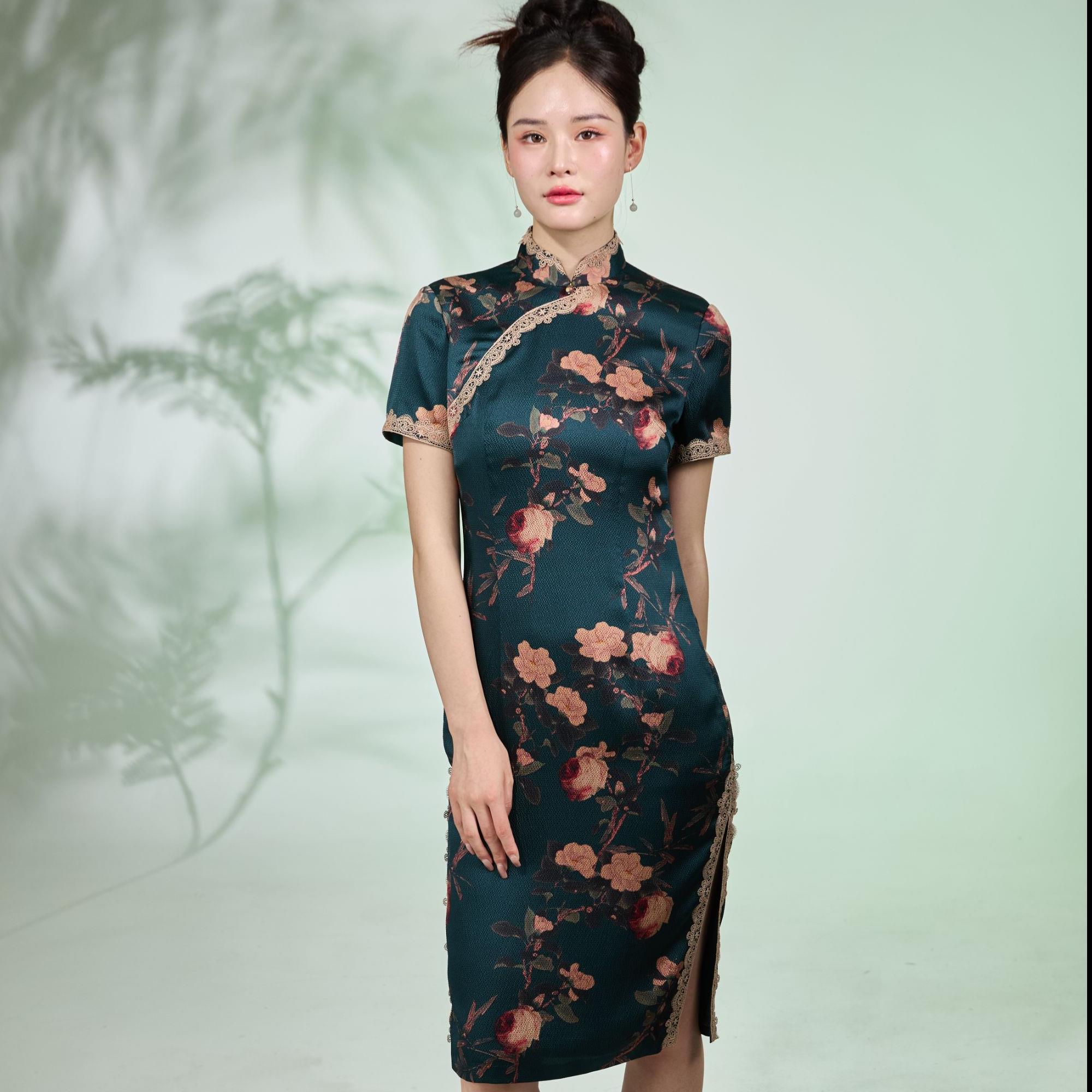 富贵牡丹-中国风复古桑蚕丝印花立领旗袍G12AE020043