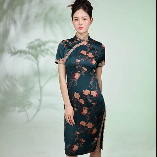 富贵牡丹-中国风复古桑蚕丝印花立领旗袍花卉印花短袖日常女装