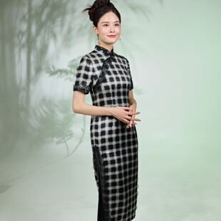 格格中式国风真丝桑蚕丝印花蕾丝边中长旗袍妈妈旗开得胜送考旗袍