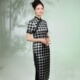 中式 国风黑白方格真丝桑蚕丝印花蕾丝边中长旗袍