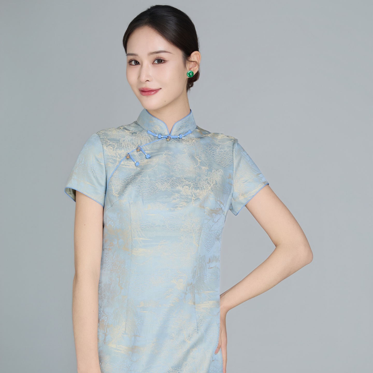 素心从简-夏季中长款手工盘扣提花立领旗袍