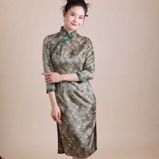 新中式中国风复古减龄桑蚕丝提花立领旗袍