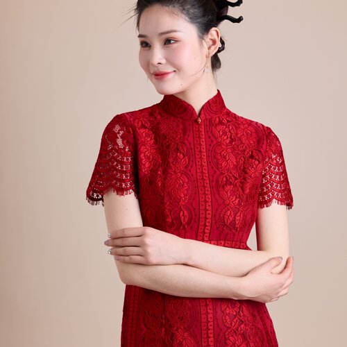 格格减龄镂空蕾丝妈妈中长旗袍
