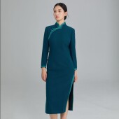 素心从简妈妈旗袍 孔雀蓝手工盘扣立领改良优雅款