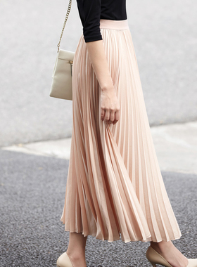 JJparty韩国进口TKY面料高腰中长款垂感显瘦百褶裙半身长裙黑色