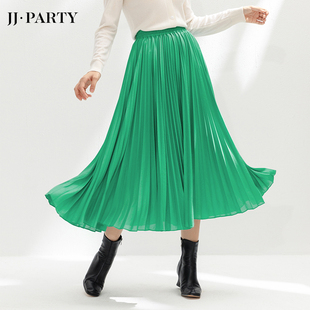 半身裙 JJparty 高腰中长款 绿色系列 纯色松紧腰百褶裙 轻奢优雅