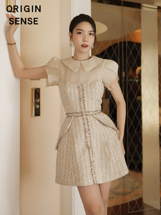 高档精品欧根纱拼接日常可穿通勤连衣裙小个子POLO领假两件A字裙