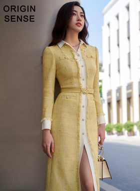 小香风粗纺淡黄色显白长袖翻领白领OL职场淑女气质中长外套连衣裙