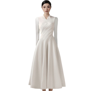 假两件不对称轻奢高档精品长袖纯白色大摆公主礼服长款连衣裙