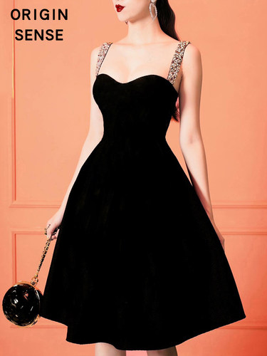 法式风吊带丝绒黑色生日蓬蓬裙