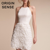 挂脖白色小礼服背心吊带羽毛流苏连衣裙平时可穿 礼服裙吊脖裙子