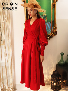 秋冬长款度假风欧式泡泡袖绑带红色喜晚宴回门敬酒服大摆连衣裙