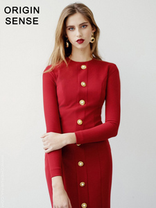 早春新品高圆领精致修身显瘦打底针织弹力红色长袖连衣裙一步裙