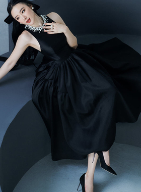 ORIGIN SENSE/知觉之门无袖优雅珍珠装饰领口大摆蓬蓬黑色长礼服