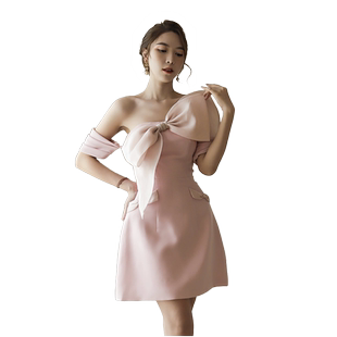 小众设计师个性设计新品女神裹胸蝴蝶结淑女温柔风粉色超短连衣裙