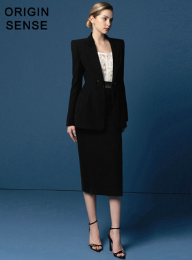 ORIGIN SENSE/知觉之门小众设计垫肩气场女王黑色西装包臀两件套