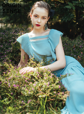 法式小众方领蓝色连衣裙夏长款复古雪纺气质裙子高级感长裙过脚踝