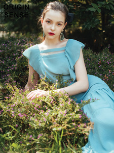 法式小众方领蓝色连衣裙夏长款复古雪纺气质裙子高级感长裙过脚踝