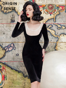 轻熟风复古黑色新款高端金丝绒珍珠领口丝绒连衣裙秋修身小礼服女