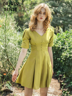 洋气矮个子搭配155显高韩版 减龄时髦约会棉麻牛油果色连衣裙女