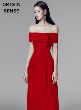 连衣裙收腰显瘦一字领肩气质女神范锁骨红色露肩衣服赫本风小心机