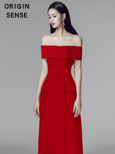 连衣裙收腰显瘦一字领肩气质女神范锁骨红色露肩衣服赫本风小心机