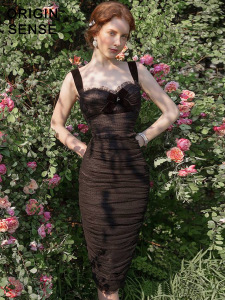 网纱吊带复古性感小礼服黑色蕾丝修身包臀连衣裙轻奢高级感