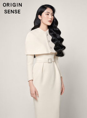 早秋新高级感OL通勤披肩小斗篷高腰显瘦优雅白色气质两件套连衣裙