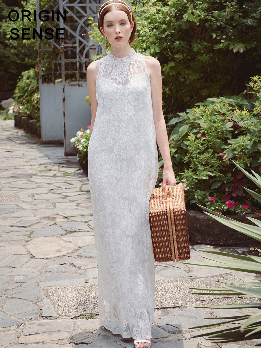 白色蕾丝无袖木耳边高立领超长拖地仙女气质轻礼服轻婚纱飘逸长裙