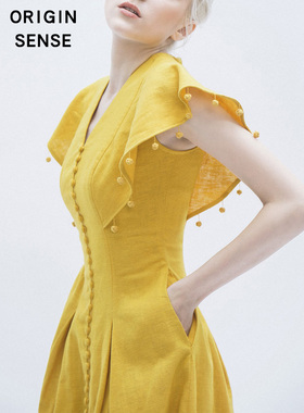 高冷御姐风薄荷绿色棉麻连衣裙夏天显瘦长裙修身显瘦亚麻黄色裙子