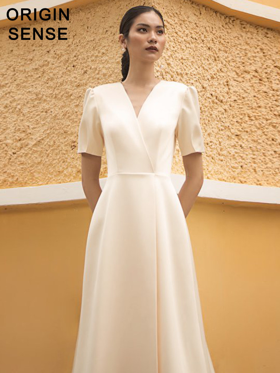 美式简约气质淑女白色收腰显瘦长款V领A字大摆连衣裙短袖外套裙