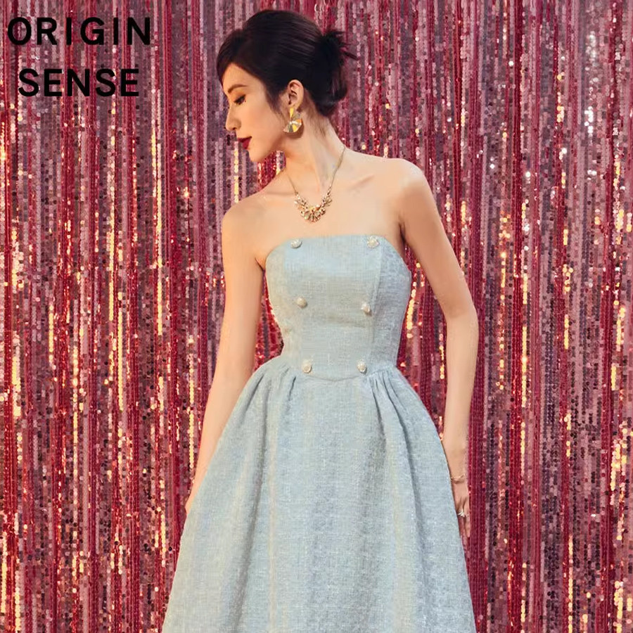 抹胸性感复古迪士尼公主在逃系列粗纺小香风粉蓝色A字大摆连衣裙