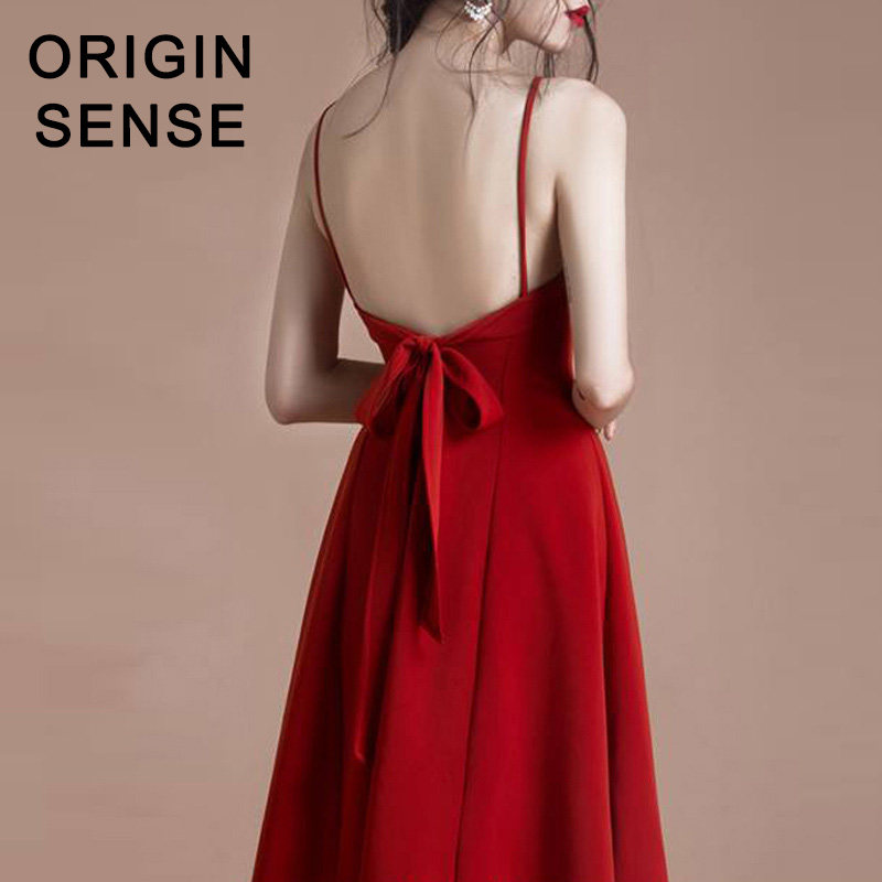 红色吊带连衣裙女性感露背裙性感气质美背小礼服裙赫本风女神范