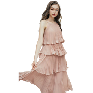 粉色挂脖沙滩裙女长裙新款仙海边度假 无袖微胖雪纺连衣裙夏超仙