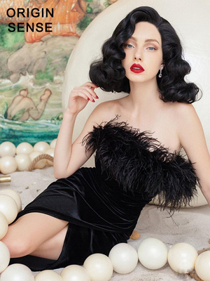 法式风鸵鸟毛新款高端抹胸连衣裙