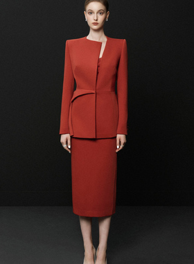 ORIGIN SENSE/知觉之门小众精品不对称设计橘红色西装包臀裙套装