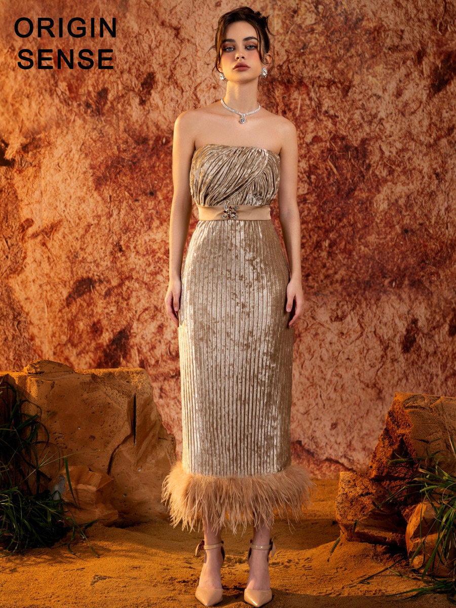 抹胸小性感丝绒金色束腰高档长款一步裙鸟毛装饰轻奢小贵妇礼服裙