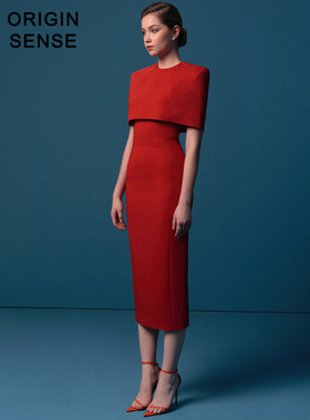 ORIGIN SENSE/知觉之门小众设计垫肩斗篷遮手臂个性红色两件套裙