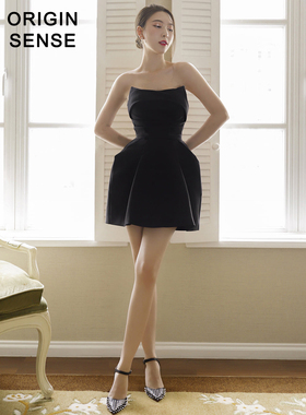 ORIGIN SENSE/知觉之门矮小个子性感抹胸露肩气质超短洋气小黑裙
