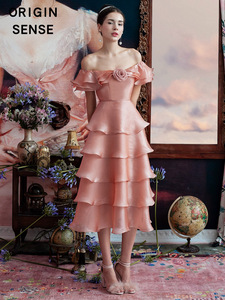 一字肩粉色连衣裙仙女女小礼服裙长款蛋糕裙名媛连衣裙高端气质