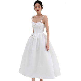 ORIGIN SENSE/知觉之门吊带性感纯白仙气感女神范儿漏锁骨度假裙