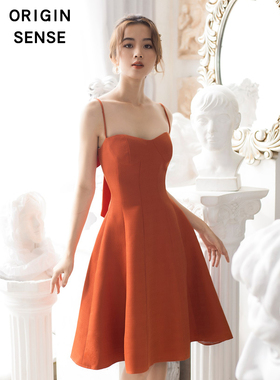 ORIGIN SENSE/知觉之门轻熟风小众吊带裙甜美蝴蝶结橘红色连衣裙
