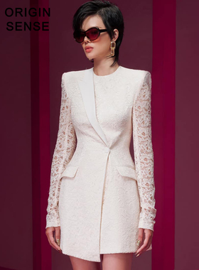 ORIGIN SENSE/知觉之门高级感蕾丝精品垫肩女王范超短西装白色裙