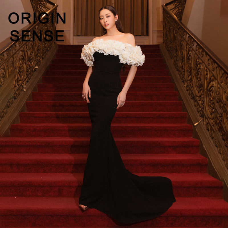 玫瑰花一字肩拖尾手工钉玫瑰花