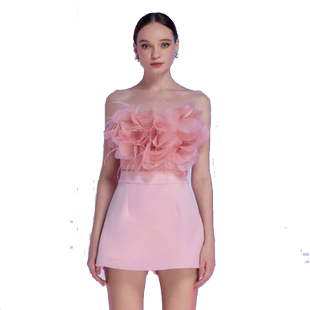 抹胸性感小个子超短性感仙气鸵鸟毛装饰派对粉色小礼服半裙两件套