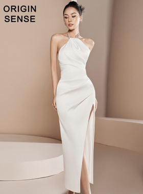 ORIGIN SENSE/知觉之门小众立裁不对称设计高开叉挂脖白色小礼服